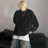 Jinquedai non binary outfits American Fashion Dark Style High Street Loose round Neck Sweater Design Cross Print Niche Pullover Top Clothes jinquedai
