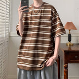 Jinquedai outfits for men Summer American Retro Shirt Cotton Striped Short Sleeve Casual Loose T-shirt Boys Trendy All-Matching Top Clothing jinquedai