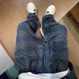 Jinquedai 90s fashion Autumn New Loose Couple's Retro Green Plaid Wide-Leg Pants Men's Casual Lazy Straight Casual Pants Fashion jinquedai