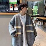 Jinquedai masc outfits Cardigan V-neck Sweater Autumn and Winter Men's Sweater Lazy Style Top Striped Color Matching Loose College Coat jinquedai