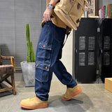 Jinquedai 90s streetwear Primary Color Men's Jeans Trendy Multi-Bag Workwear Jeans Men's Loose Dark Blue Straight Jeans Men's Pants jinquedai