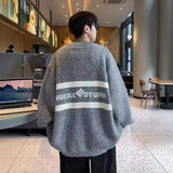 Jinquedai masc outfits Cardigan V-neck Sweater Autumn and Winter Men's Sweater Lazy Style Top Striped Color Matching Loose College Coat jinquedai