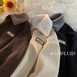 Jinquedai fall outfits men Corduroy Polo Collar Sweater Men's Winter New Fleece-lined Thickened Lamb Wool Coat Men's Winter Hong Kong Style Teenagers jinquedai