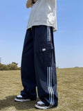 Jinquedai 90s streetwear Wide Leg Overalls Men's Spring and Autumn Large Pocket American Striped Pants Draping Straight Mop Loose Casual Sports Pants jinquedai