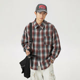Jinquedai fall mens outfits American Retro Plaid Shirt Men's Autumn New Lapel Patch Bag Design Couple Loose Long Sleeve Shirt Coat Women jinquedai