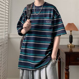 Jinquedai outfits for men Summer American Retro Shirt Cotton Striped Short Sleeve Casual Loose T-shirt Boys Trendy All-Matching Top Clothing jinquedai
