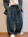 Jinquedai 90s fashion Autumn New Loose Couple's Retro Green Plaid Wide-Leg Pants Men's Casual Lazy Straight Casual Pants Fashion jinquedai