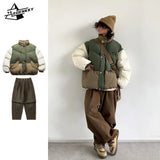 Jinquedai Harajuku Street Set Men Women Yama Style Patchwork Thickened Parka Washed Loose Casual Cargo Pants Retro Unisex Baggy Warm Suit jinquedai