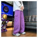 Jinquedai Multi-Pocket Washed Cargo Pants Men Women Y2K Vintage Streetwear Loose Oversized Straight Wide-Leg Jeans Dark Green/Purple jinquedai