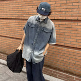 Jinquedai Japanese Gradient Denim Shirt Men Couple College Loose Straight Short Sleeved Cowboy Tops Halo Stained Harajuku Trend Jackets jinquedai