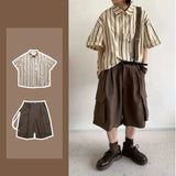 Jinquedai Summer Street Men Two Piece Set Retro Striped Pocket Shirt+casual Wide Leg Tooling Shorts Sets Japanese College Couple Set jinquedai