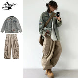 Jinquedai Hip Hop Retro Set Men Women High Street Embroidered Denim Jackets+Autumn Wide-leg Loose Cargo Pants Distressed Casual Two-piece