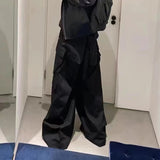 Jinquedai  Style Wide Leg Drawstring Black Cargo Pants Unisex Straight Baggy Casual Overalls Men's Street wear Loose Oversize Trousers jinquedai