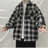 Plaid Long-sleeved Shirt Men's Single-breasted Spring Autumn Loose Warm Thick Woolen Coat Pocket Buttons Turndown Collar Shirts jinquedai