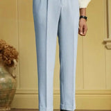 Jinquedai Italian Style Naples Suit Pants Men Blue Stripes Seersucker High Waist Paris Buckle Trouser Fashion England Business Casual Pant jinquedai