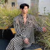 Jinquedai spring summer fashion trend stripe contrast color satin shoulder pad shirt men's suit straight wide leg pants two-piece set jinquedai