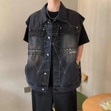 Jinquedai Men Harajuku Denim Vest Summer New Embroidered Multi Pocket Hip-hop Sleeveless Jacket Single Breasted Punk Motorcycle Tops jinquedai