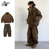 Jinquedai Winter Retro Set Men Women Thickened Warm Lightweight Parka+Loose Straight-leg Wide-leg Casual Cargo Pants Japanese Unisex Suit jinquedai