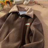 Men's Corduroy Polo Shirt Sweater Women's Autumn Winter Fleece Thick Coat Turndown Collar Buttons Long Sleeves Warm Tops jinquedai