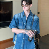 Jinquedai Summer Trend Men Set Shoulder Padded Short Sleeved Denim Shirt+Quick Drying Casual Pants 2-pcs Set American Retro Street Suit jinquedai