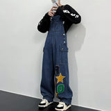 Jinquedai Y2K Retro Street Men Denim Overalls American Hip-hop Letter Embroidered Cowboy Jumpsuit Loose Wide Leg Suspender Pants Unisex jinquedai