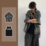 Jinquedai College Retro Men Two Piece Set Hip Hop Washed Tooling Denim Shirt+Letter Printed Sleeveless Top Set Street Harajuku Suit Y2K jinquedai