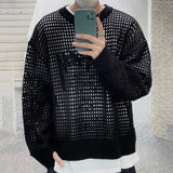 Jinquedai Fall Trend Men Mesh Knitting Tops Streetwear Fashion Transparent Hollow Out Sweater Men Casual Loose Long Sleeve O Neck Jumper jinquedai