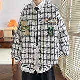 Jinquedai Autumn Plaid Woolen Jacket Letter Embroidered Loose  Baseball Uniform Jacket Hip Hop Single Breasted Coat Fashion Unisex Clothes jinquedai