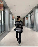 Knitted Light Luxury Pullovers Sweater Men Casual Striped Vintage Loose O Neck Solid Color Long Sleeve Coat Streetwear jinquedai