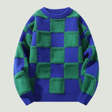 Hip Hop Plaid Knitted Sweaters Mens Harajuku Patchwork Thicken Jumpers Streetwear Oversized Casual Loose O-Neck Pullover Unisex