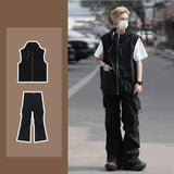 Jinquedai Summer Casual Sleeveless Set Men Hip Hop Loose Hooded Vest+Pockets Straight Leg Cargo Pants 2-piece Outdoors Sports Camp Suit jinquedai