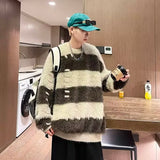 Jinquedai Japanese Striped Men Sweater Loose Color Block Wearing Rope Mink Velvet Round Neck Knit Tops Hip Hop Trendy Men Pullover Autumn jinquedai