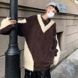 American Niche Irregular Design Sweater Men Fake Two Piece Pullover Fur Top Contrast Color Male Tops Fashion jinquedai