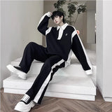 Jinquedai Elegant Black White Color Contrast Sports Shirt Set Long Sleeved Polo Shirt Sweatpants Two Piece Set Casual Handsome Tracksuit jinquedai