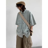 Jinquedai Japanese Trendy Set Men Retro Simplicity Light Blue Denim Shirt+Multi Pocket Wide Leg Cargo Pants 2-pcs Street Harajuku Suit jinquedai