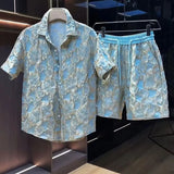 Jinquedai Ethnic Style Scalding Gold Flower Shirts And Shorts Two Piece Set Mens Fashion Short Sleeved Suits Summer Casual Loose Outfits jinquedai