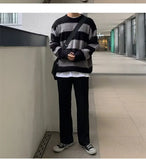 Knitted Light Luxury Pullovers Sweater Men Casual Striped Vintage Loose O Neck Solid Color Long Sleeve Coat Streetwear jinquedai