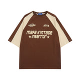 Jinquedai Men Hip Hop Streetwear Retro T Shirt Letter Print Colorblock Tshirt Cotton T-Shirt Short Sleeve Racing Style Tops Tees New jinquedai
