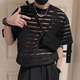 Jinquedai  Men T Shirt Mesh Striped O-neck Short Sleeve Transparent Men Clothing Streetwear Sexy Korean Fashion Tee Tops S-5XL