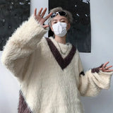 American Niche Irregular Design Sweater Men Fake Two Piece Pullover Fur Top Contrast Color Male Tops Fashion jinquedai