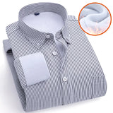 Jinquedai Autumn Winter Men Striped Warm Non-ironing Long Sleeve Fleece Thick Oxford Spinning Business Casual Shirts Men Clothing jinquedai