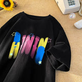 Jinquedai Korean Trend Colorful Letter Printed T-Shirt Harajuku Style Short Sleeve Tee Shirt Men Women Tops Plus Size Unisex Tshirts jinquedai