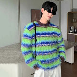 Winter Men's Sweater Niche Design Striped Contrast Color Pullovers Heavy Woolen Scarf Loose Mink Velvet Knitwear jinquedai