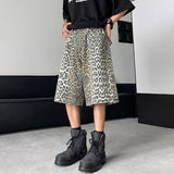 Jinquedai  Leopard Print Design Personality Trendy Seven-point Pants 2024 Korean Original New Men Fashion Street Men's Shorts jinquedai