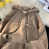 Jinquedai  Embossed Letters Casual Hooded Sweatshirt Basic Colours Drawstring Clash Hoodie Loose Comfortable Men Women Hoodies jinquedai