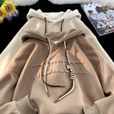 Jinquedai  Embossed Letters Casual Hooded Sweatshirt Basic Colours Drawstring Clash Hoodie Loose Comfortable Men Women Hoodies jinquedai