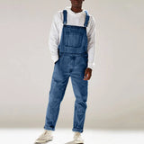 Jinquedai Streetwear Men's Solid Color Multi-pocket Denim Bib Overalls Casual Daily Denim Jumpsuit Fashion Male Suspender Long Pants jinquedai