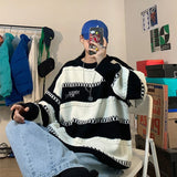 Jinquedai  Patchwork Striped Men's Knitted Sweater Blue Pullovers Punk Black Sweaters Male Oversize Korean  Hip Hop jinquedai