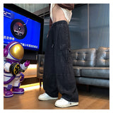 Jinquedai Multi-Pocket Washed Cargo Pants Men Women Y2K Vintage Streetwear Loose Oversized Straight Wide-Leg Jeans Dark Green/Purple jinquedai