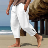 Jinquedai Summer Mens Linen Cropped Pants Oversize Loose Feet Forked Pencil Pant Fashion Casual Pantalones Beach Trousers Streetwear